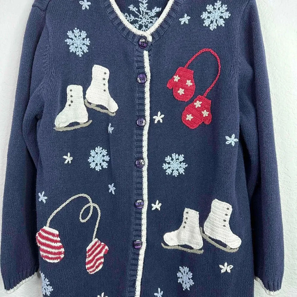 Vintage Cherokee Sweater Women's 14W/16W Blue‎ Winter Crochet Applique Cardigan - Picture 3 of 4